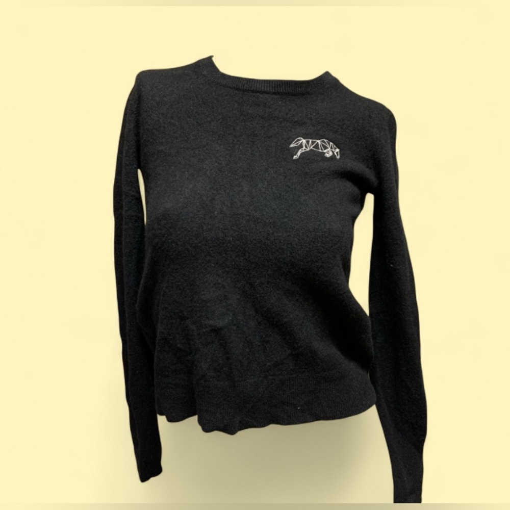 Everlane 100% Cashmere Black Crewneck Sweater with Embroidered Animal